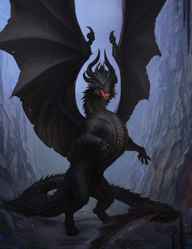 a black dragon with red eyes standing in the middle of a forest