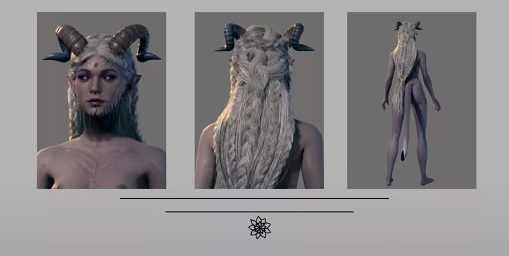 three different views of the head and body of a horned man with horns on his head