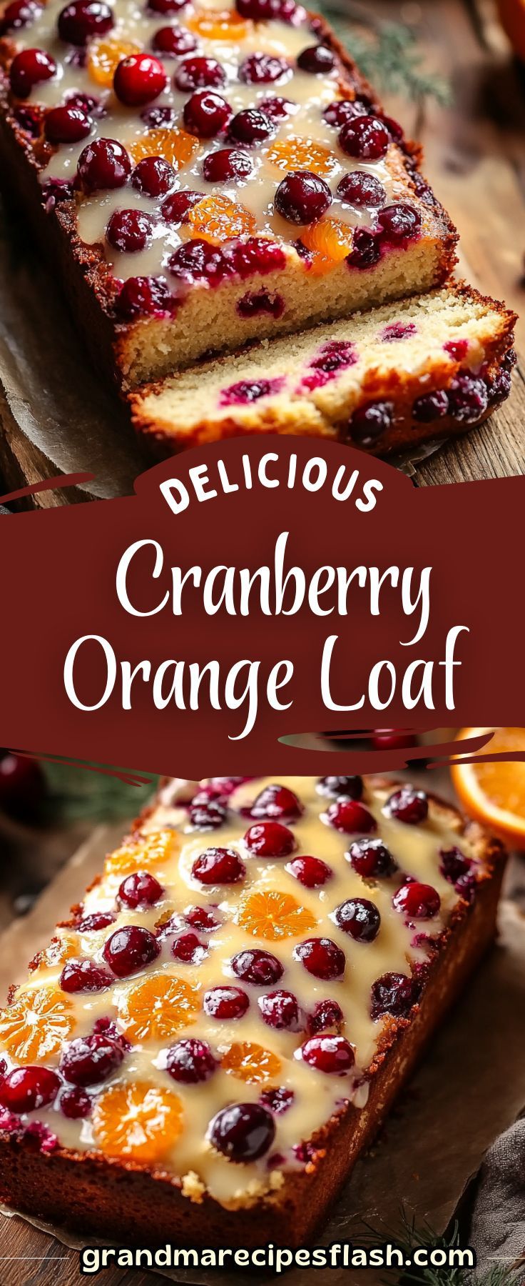 delicious cranberry orange loaf with cream cheese on top and an orange slice in the middle