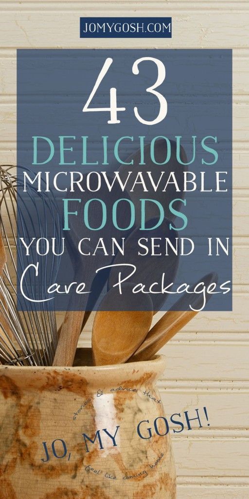 a ceramic container filled with kitchen utensils and the words, 43 delicious microwaveable foods you can send in care packages