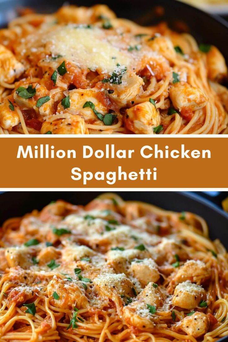 two pictures with different types of pasta in them and the words, million dollar chicken spaghetti