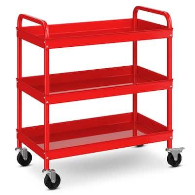 a red three shelf utility cart with wheels