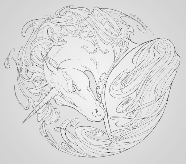 a drawing of a horse in the middle of a circle with swirling hair on it's head