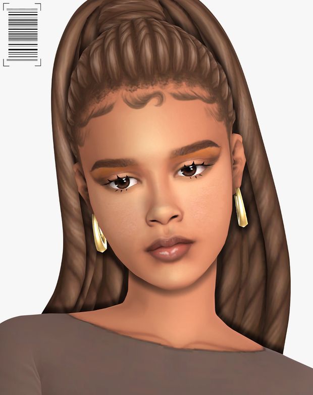 an animated image of a woman with long brown hair and large earrings on her head