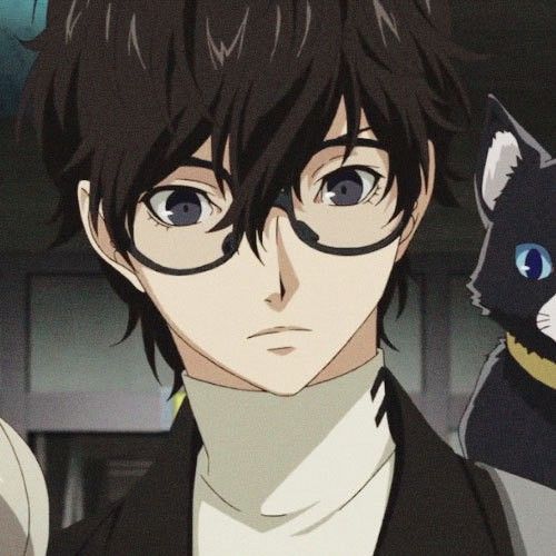 an anime character with glasses and a cat on his shoulder, staring at the camera