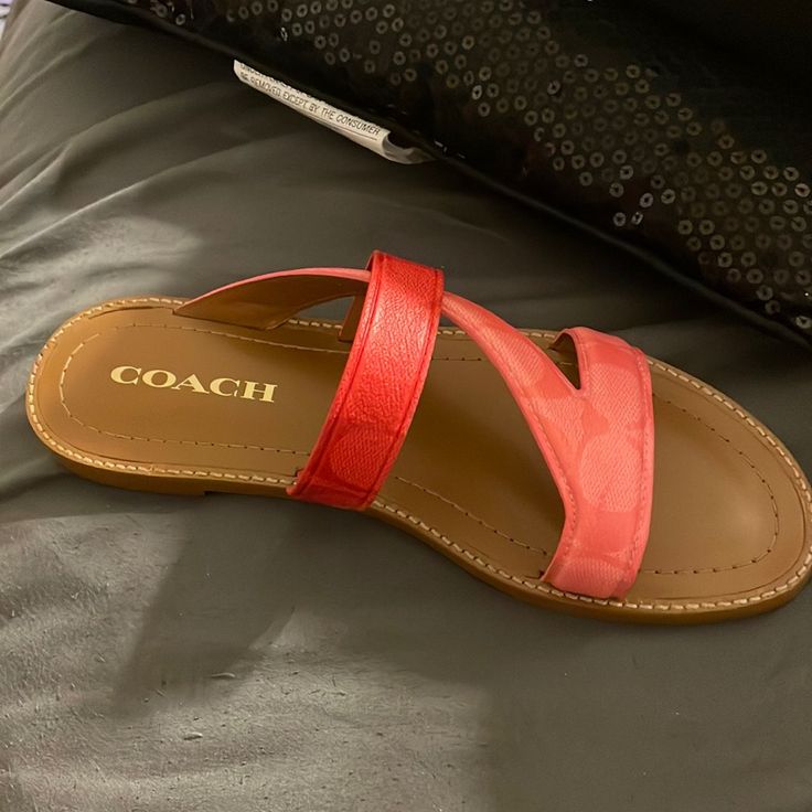 Pink And Red Coach Sandal Two Tone With Brand New Coach Casual Slip-on Sandals, Red Leather Casual Flip Flops, Casual Red Leather Flip Flops, Coach Open Toe Sandals For Spring, Coach Open Toe Sandals For Vacation, Coach Sandals For Vacation With Round Toe, Red Leather Flip Flops For Vacation, Coach Sandals For Vacation, Coach Sandals For Spring Vacation