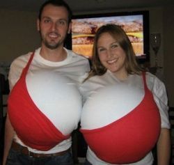 a man and woman dressed up in red and white shirts, standing next to each other