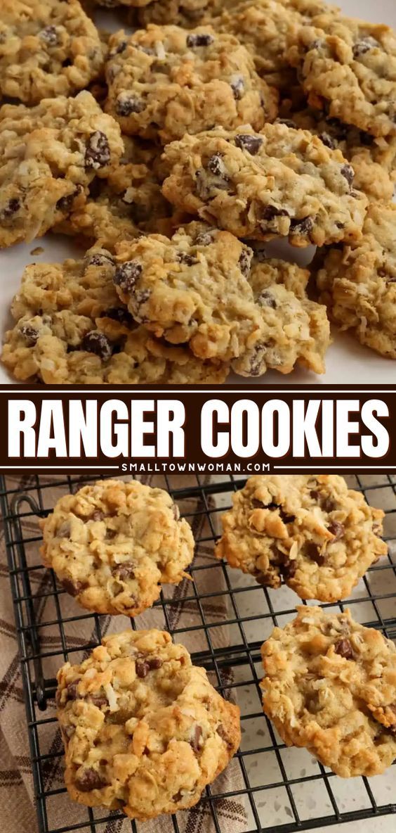 an image of cookies cooling on a rack with the words ranger cookies above it and below