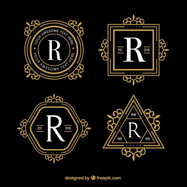 four different logos with the letter r in gold and black colors on a black background