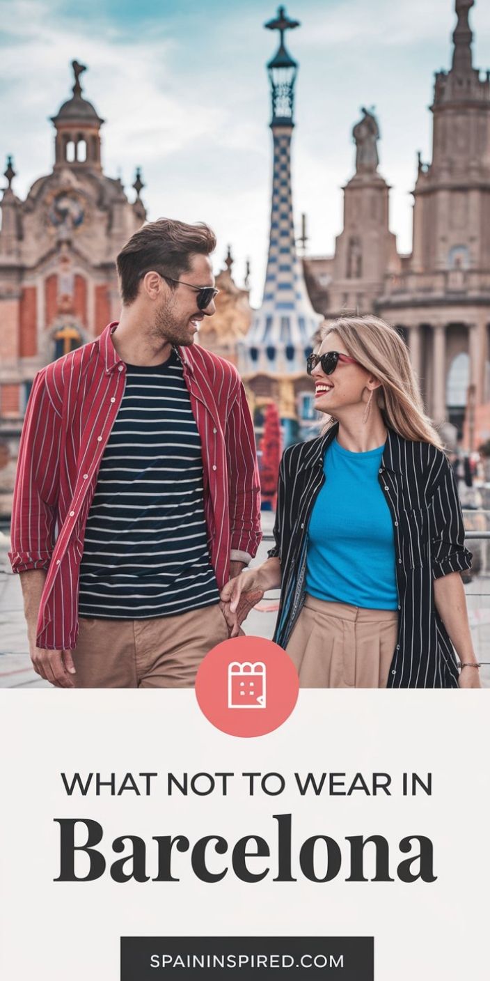 A smiling couple walks in Barcelona, dressed in casual striped shirts, with historic architecture in the background. Barcelona Packing List, Travel In Spain, Barcelona Dress, Barcelona Itinerary, What Not To Wear, Barcelona Hotels, Spanish Culture, Tourist Sites, Barcelona Travel