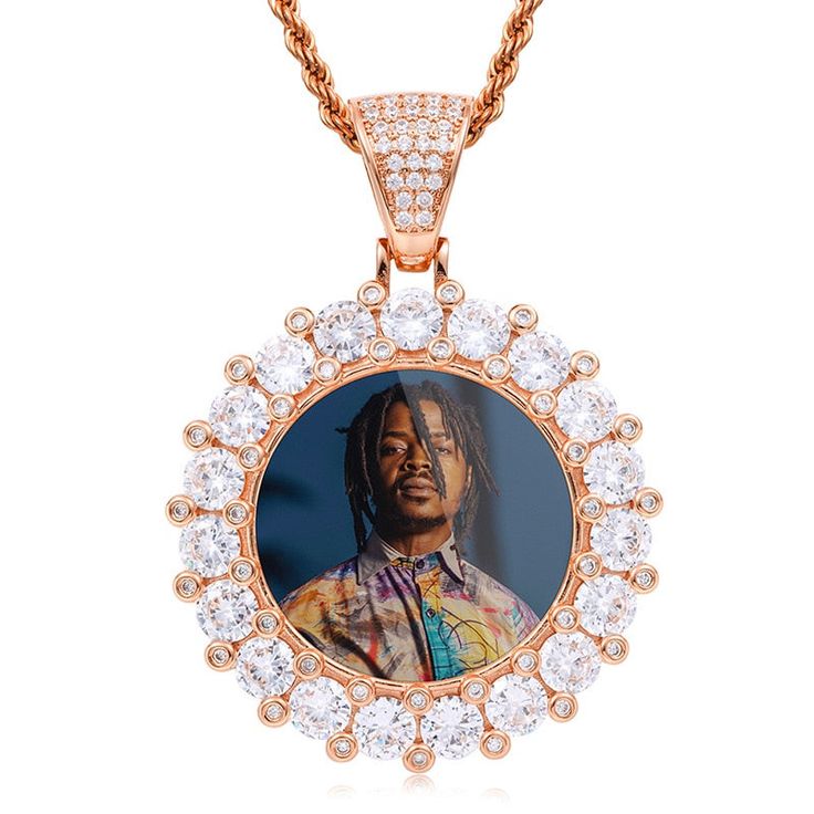 Custom photo medallion necklace with personalized photo engraving Round Iced Out Necklace For Gifts, Iced Out Round Necklace For A Gift, Iced Out Rose Gold Necklace Gift, Iced Out Necklace Gift, Necklace Length Guide, Stackable Jewelry, Gold Rope Chains, Tennis Chain, Tarnished Silver