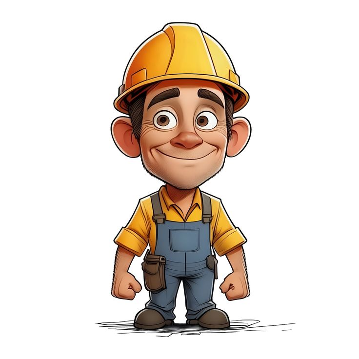 a cartoon character with a hard hat and overalls, standing in front of a white background