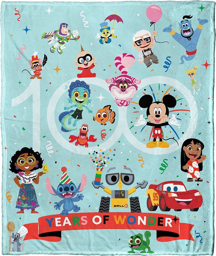 a towel with cartoon characters on it and the words 100 years of wonder written in white