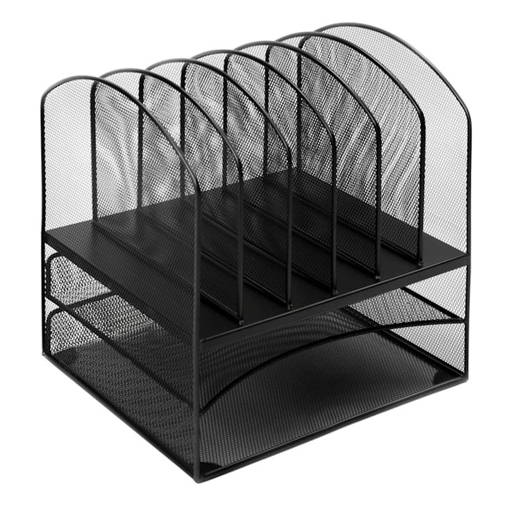 three tiered metal desk organizer with mesh dividers on each side and four sections in the middle