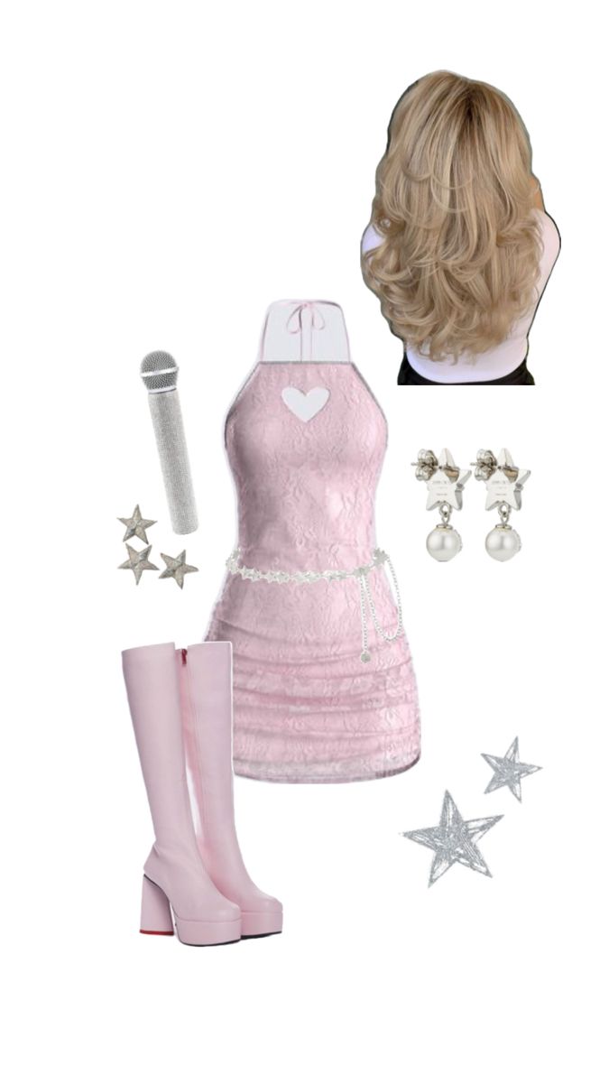 a woman's outfit and accessories including boots, lipstick, hairbrush, star earrings