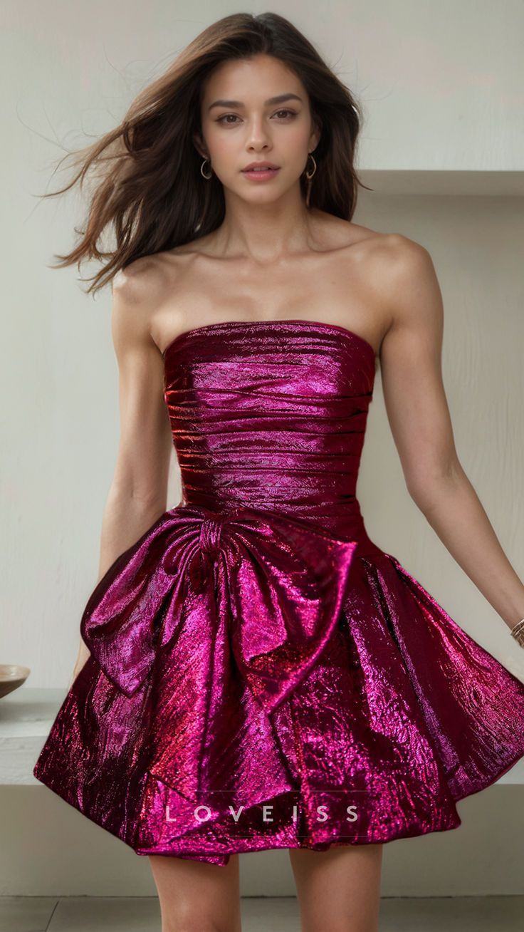 This A-Line Strapless Metallic Elegant Party Homecoming Dress features a stunning bow detail that adds a touch of sophistication to your evening look. The strapless design accentuates your figure while the metallic material adds a subtle shimmer. Perfect for any special occasion, this dress will make you stand out with its elegant and stylish design. Elegant Homecoming Dresses, Bowknot Dress, Top Clothing Brands, Short Homecoming Dress, Bow Knot, Elegant Party, Curvy Girl Outfits, Plus Dresses, Homecoming Dress