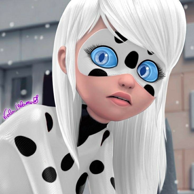 a cartoon girl with blue eyes and white hair wearing dalmatian make - up