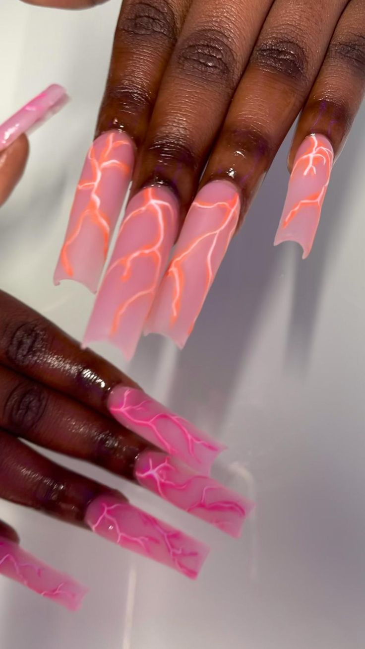 2023 Trendy Nail Designs, Mail Designs Acrylic Long, Spring Nails Long Acrylic, Easy Long Acrylic Nails, Long Nails Design Ideas 2023, Orange Long Nails Acrylic, Pink Glow In The Dark Nails Acrylic, Long Gel Nail Designs, Summer Nails Coffin Long