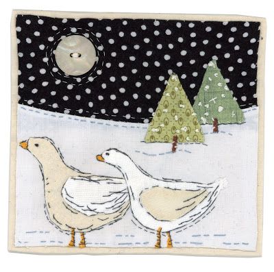 two ducks walking in the snow with trees and a full moon behind them at night