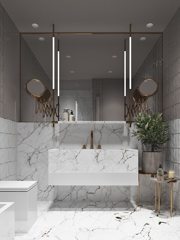 a bathroom with marble counter tops and gold fixtures on the mirror above it is a plant in a pot