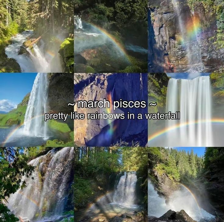 there are many different pictures of waterfalls and rainbows