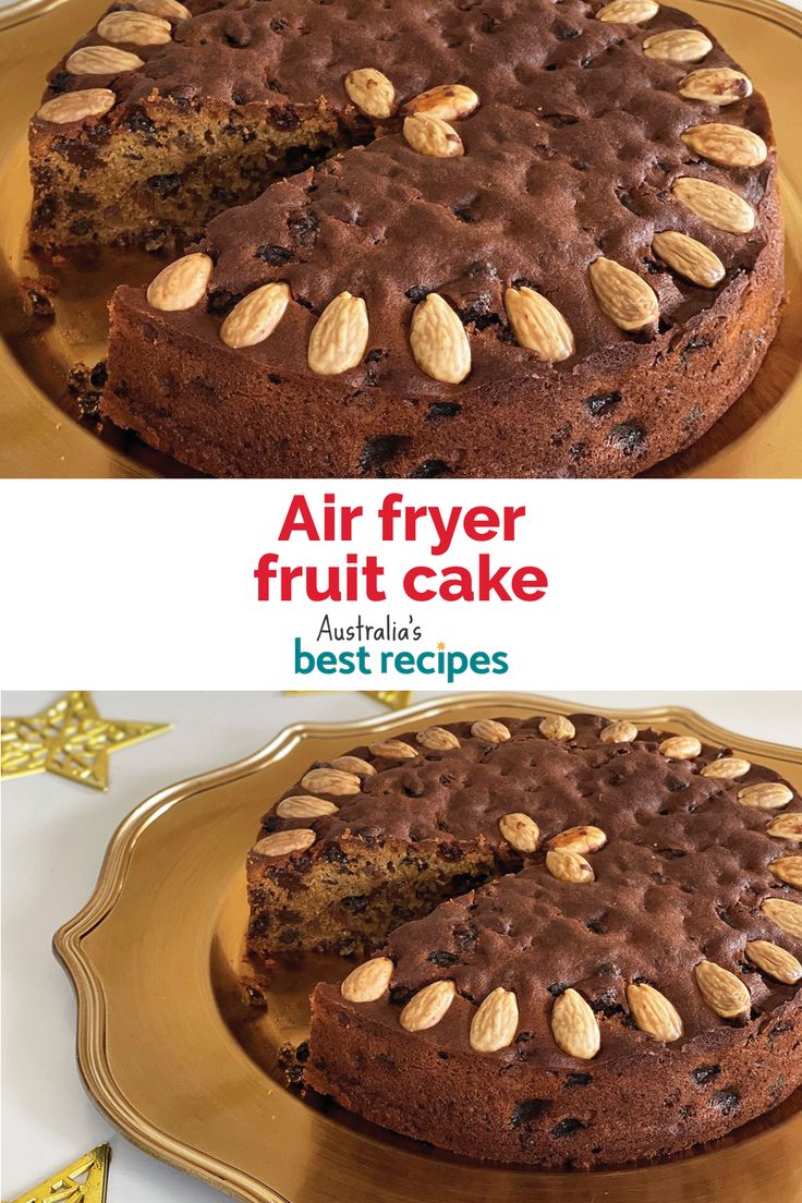 an advertisement for the air fryer fruit cake, with almonds and chocolate frosting