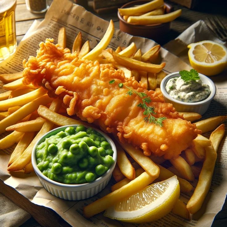 fish and chips with peas, lemon wedges and sauce