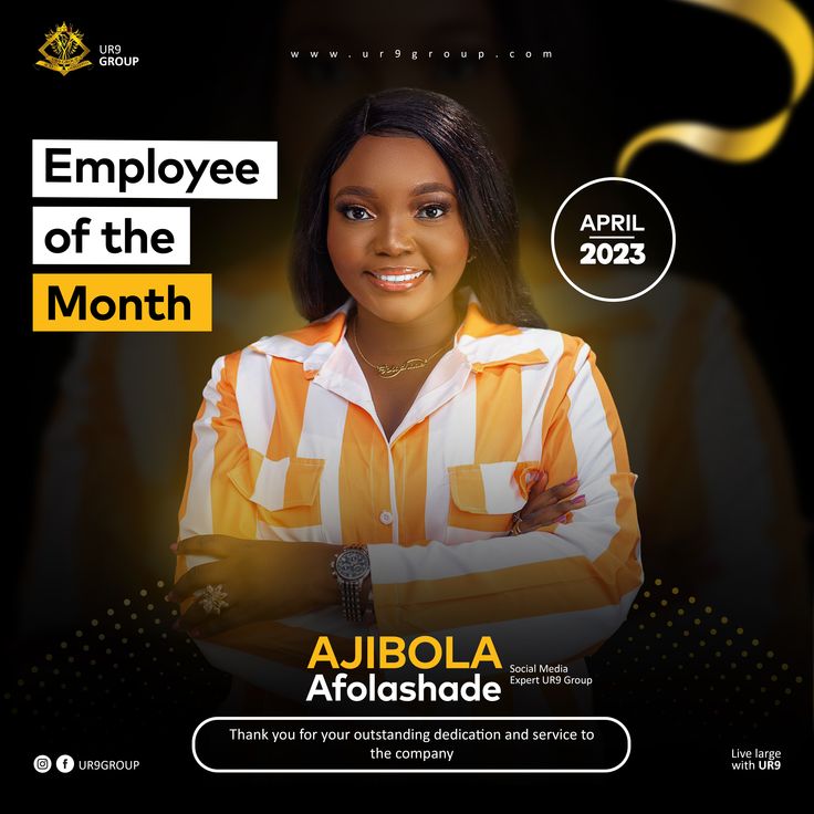 the employee of the month ad for an african business woman in orange and white striped shirt