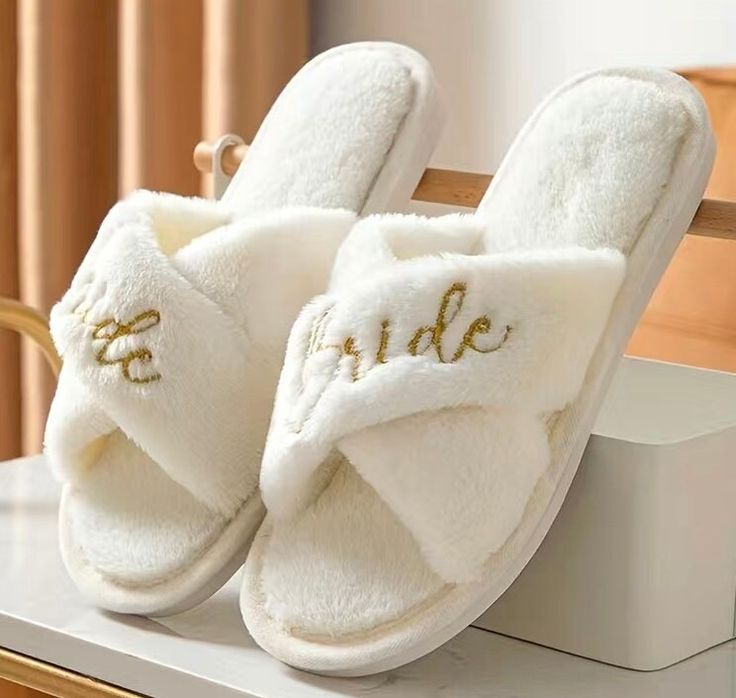 1 size fits all- White Bride Slippers with Gold Lettering, Fluffy slippers, Comfortable White Slippers, Great For Wedding Photos, Bachelorette Party's, One size fits all. Unique Bride Gifts, Pearl Slippers, Comfortable Bridal Shoes, White Tulle Dress, Wrap Dress Bridesmaid, Bride Slippers, White Slippers, Wedding Slippers, Fluffy Slippers