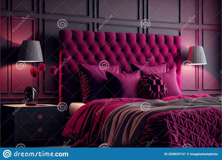 an elegant bedroom with purple and red decor stock photo image of bed, pink color