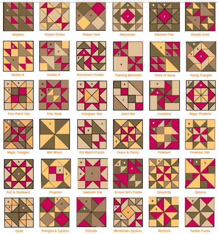 many different types of quilts are shown in this image, including red and brown squares