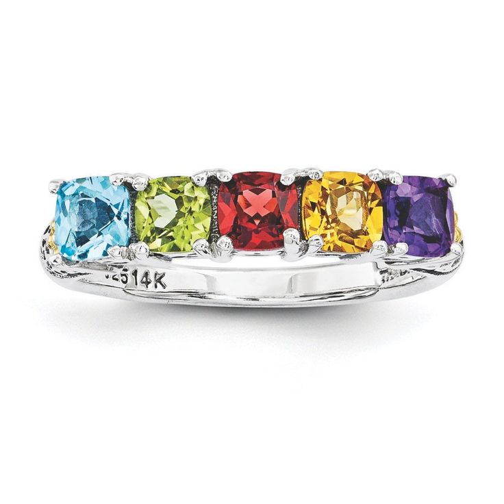 Customize with children's birthstone. This elegant ring is available in sterling silver with 2-5 birthstones. When you're ordering please select the ring size and include a note for birthstone details. Stones will be set from left to right. This ring is sterling silver .925 with 14K gold and diamond accent. The following simulated birthstones will be set: January - Simulated Garnet $0 February- Simulated Amethyst $0 March - Simulated Aquamarine $0 April - White CZ $0 May- Simulated Emerald $0 Ju Birthstone Ring Mothers, Mother Rings, Elegant Ring, Birthstone Ring, Silver Diamonds, Pink Tourmaline, Blue Stone, Gold Material, Silver Band