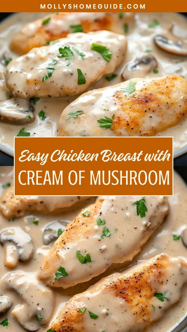 chicken breast with cream of mushroom sauce in a skillet