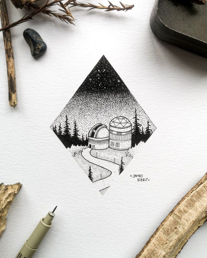 Small Fantasy Ink Drawing Space Observatory, Steampunk City, Underwater City, Sketches Tutorial, Ink Drawings, Deep Space, Ink Drawing, Triangle Tattoo, Illustration Art