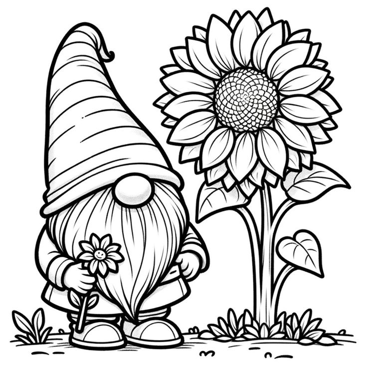 a sunflower with a gnome next to it and a flower in the foreground