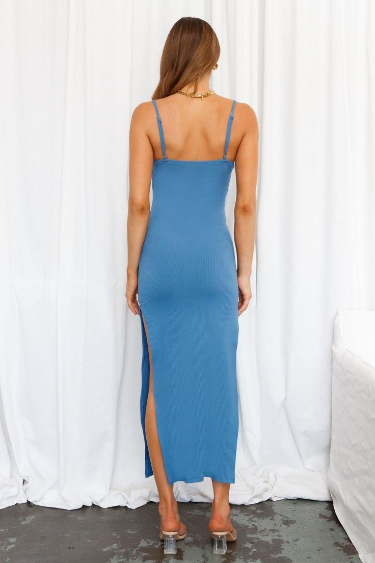 Length from bust to hem of size S: 115cm. Blue maxi dress. Non-lined. Cold hand wash only.鈥/li>Model is a standard XS and is wearing size XS.鈥/li>True to size. Lightweight, stretchy ribbed jersey fabric. No zipper. Slip-on style. Rayon/Spandex. Pared-back, effortless, and super chic, this maxi is the definition of a one-and-done kind of outfit! It features a ribbed fabric, ties up front, and a cutout. We admit we are also low-key obsessed with the spaghetti ties and the cheeky thigh splits. We l Blue Maxi Dress, Blue Maxi, Maxi Dress Blue, Ribbed Fabric, Low Key, Dress Blue, Jersey Fabric, Slip Dress, Slip On