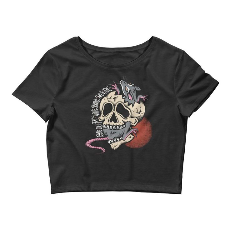 “Rats Get Fat While Brave Men Die” - People whose life choices represented coming to terms with death or perversely inoculating one's self against it. The season's trendiest garment - the crop top. This top is tight-fitting but still incredibly comfortable, and it hits just above the navel. Buy now. • 52% combed and ring-spun cotton/48% polyester • 40 singles thread weight • Form fitting • Side seamed Size guide XS/SM M/L Length (inches) 16 ½ 17 ½ Width (inches) 15 ⅝ 17 ⅛ Teen Crop Tops, Cropped Graphic Tees, Graphic Crop Top, Life Choices, Good Vibes Only, Online Clothing Stores, Fashion Killa, Crop Tee, Rats