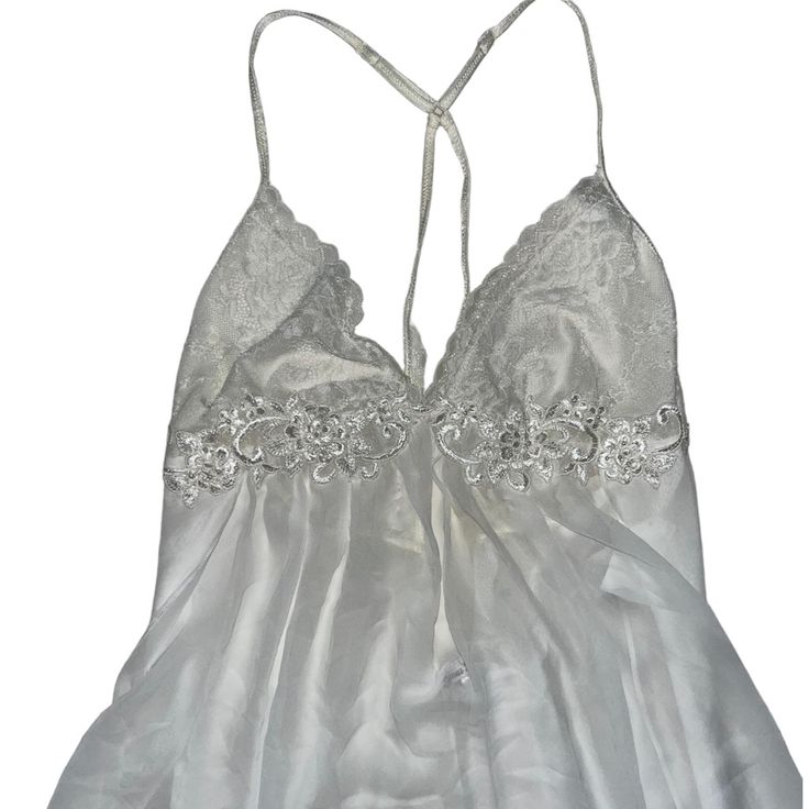 Linea Donatella Ivory Sheer Nightgown New With Tag, Missing Bottom, So Just The Sheer Lace Nightgown White V-neck Nightgown With Delicate Lace, White V-neck Sleepwear For Sleepover, Elegant White Nightgown For Sleepover, White V-neck Chemise For Sleep, White Sheer Nightgown, Feminine White Nightgown For Sleepovers, White V-neck Chemise For Loungewear, Sheer Satin Nightgown For Sleep, White Lace Chemise For Bedtime