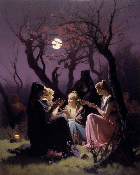 three women sitting on the ground in front of trees with a full moon behind them