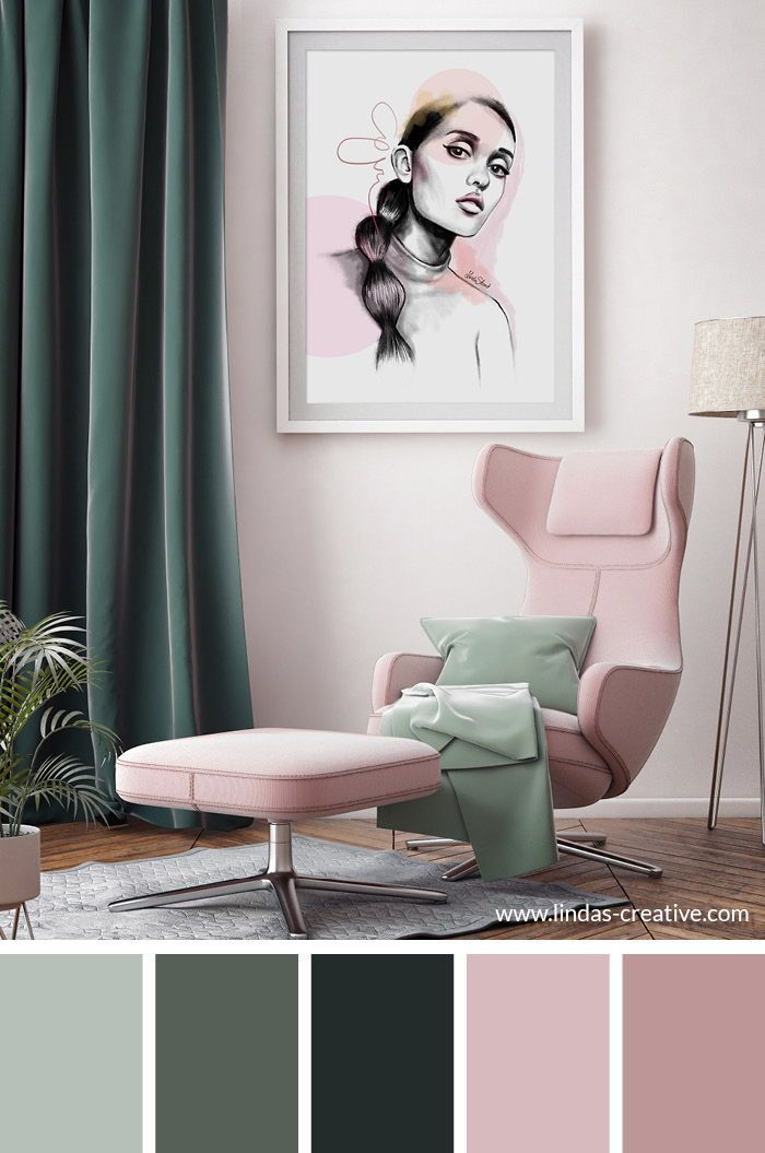 a living room with pink, green and grey colors in the color scheme is shown