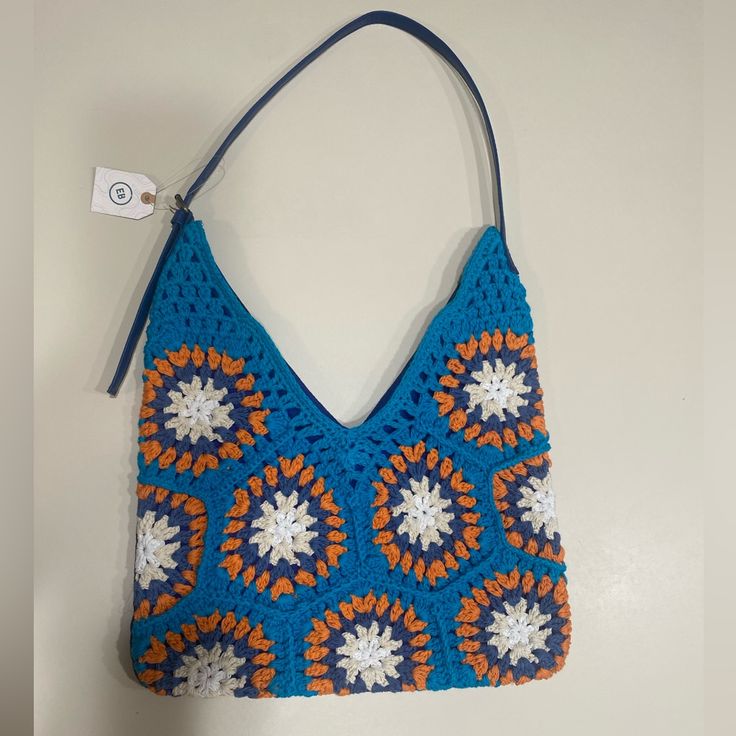 Super Cute Brand New With Tags Blue Bohemian Shoulder Bag With Granny Square Details, Blue Bohemian Shoulder Bag With Granny Square, Bohemian Blue Shoulder Bag With Granny Square Details, Handmade Blue Shoulder Bag For Spring, Blue Rectangular Crochet Bag For Spring, Bohemian Blue Crochet Bag With Granny Square, Rectangular Blue Crochet Bag For Spring, Spring Blue Rectangular Crochet Bag, Blue Crochet Bag With Granny Square For Everyday