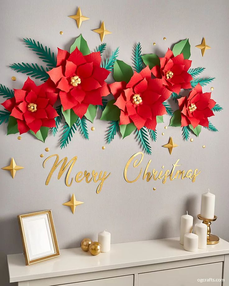 a christmas card with poinsettis and stars on the wall next to a dresser