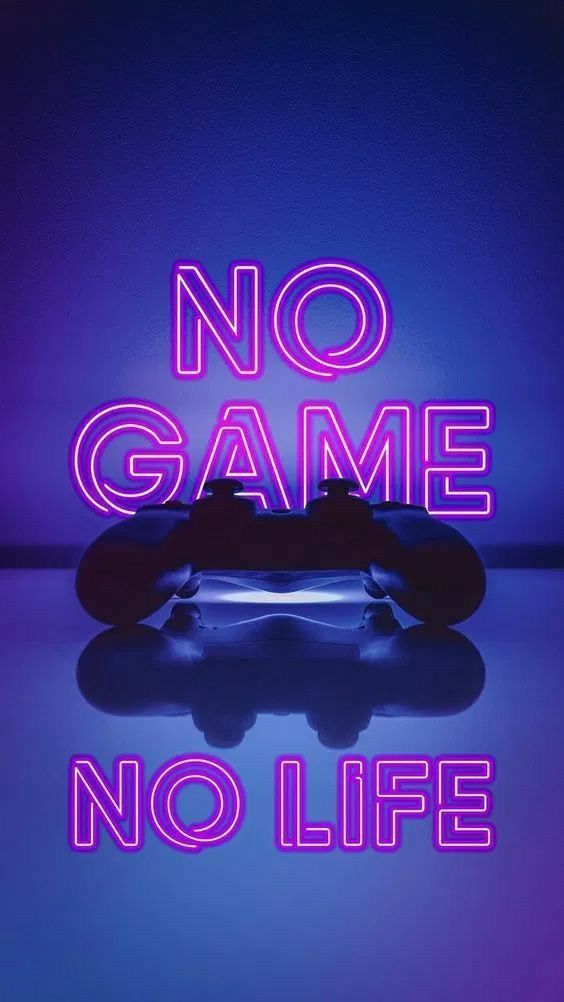 a neon sign that says no game, no life with a skateboard in the foreground