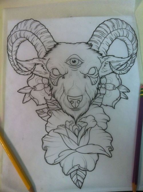 a drawing of a ram with flowers on it's head and horns in the center