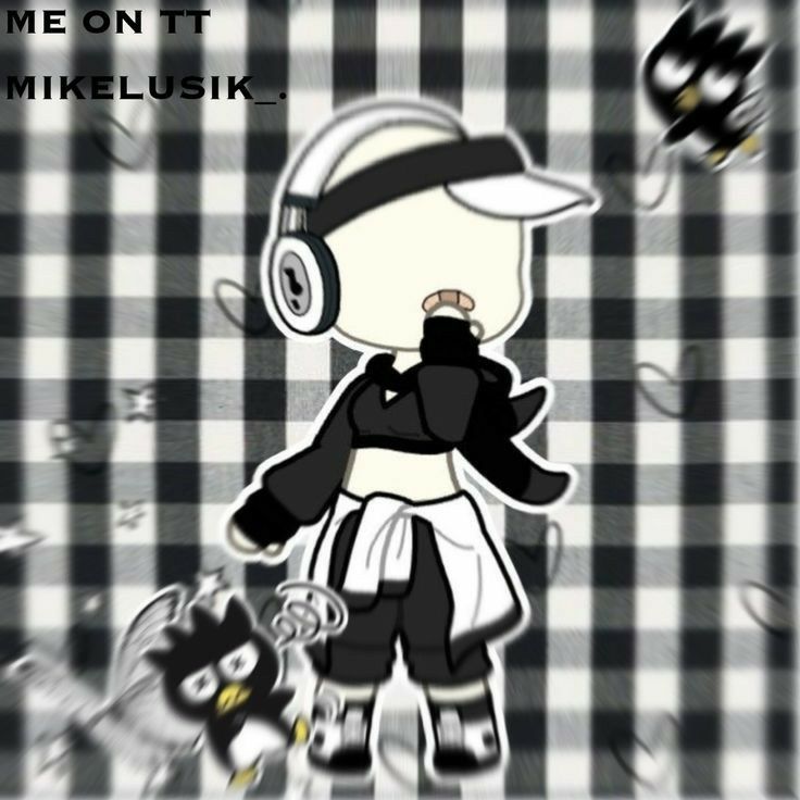 a cartoon character with headphones on standing in front of a checkered wallpaper