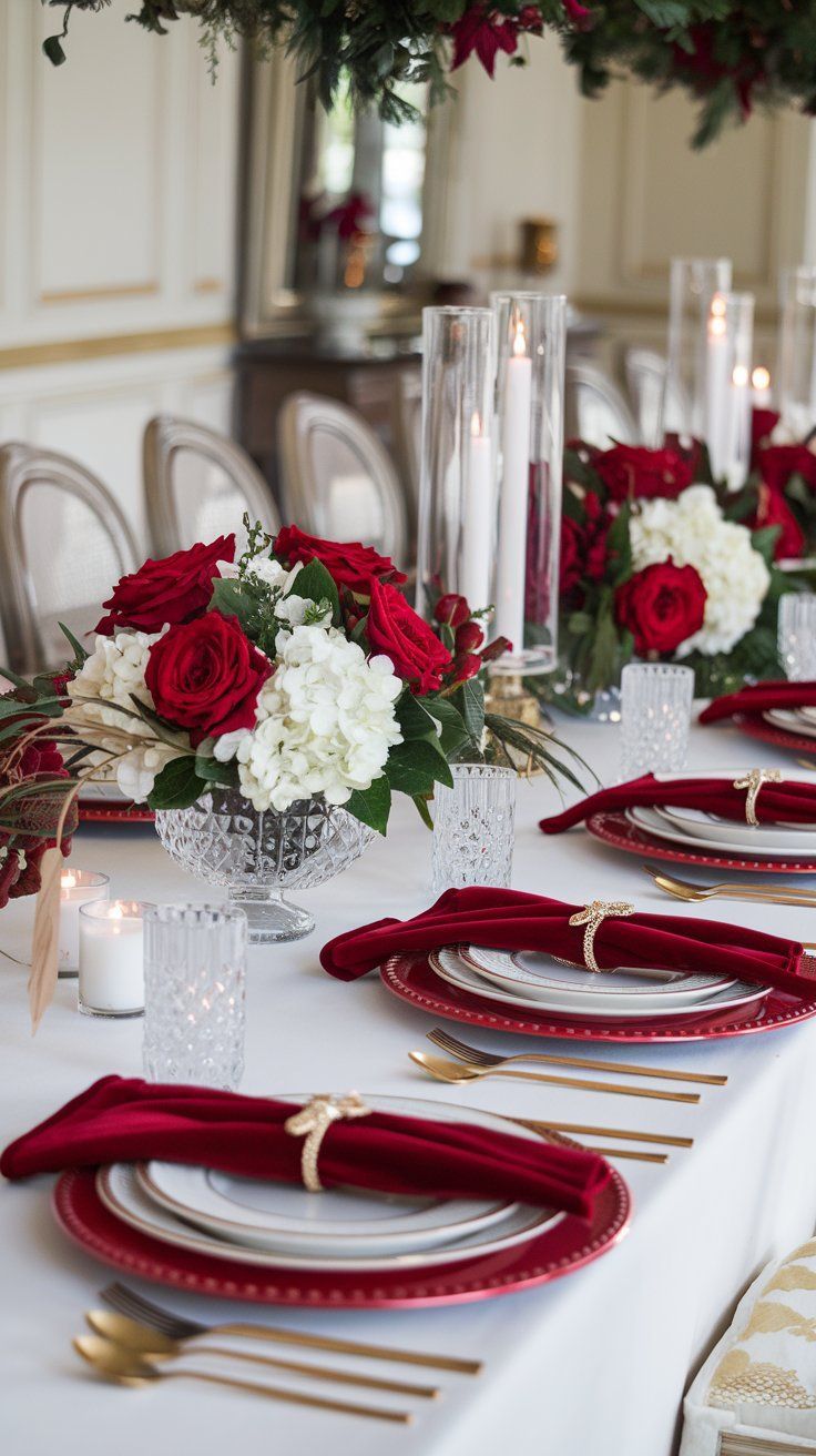 the table is set with red and white plates, silverware, flowers and candles