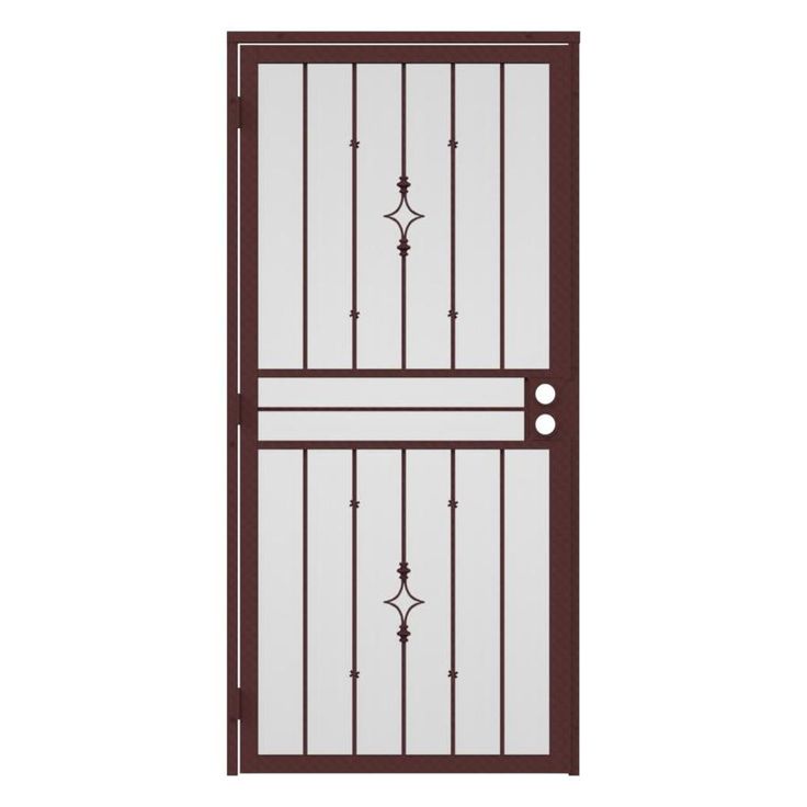 an iron door with glass panels and wrought bars on the top, in front of a white background