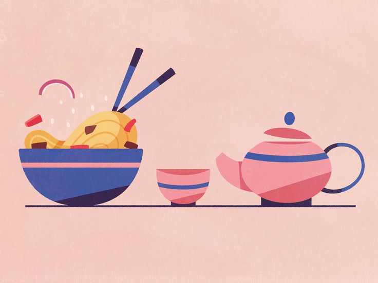 a tea pot and bowl filled with food on top of a pink table next to each other