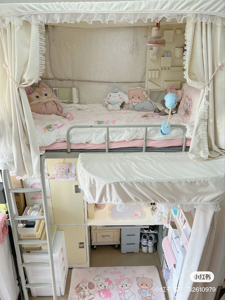 a bunk bed with white curtains and teddy bears on the top tier, in a room with other furniture