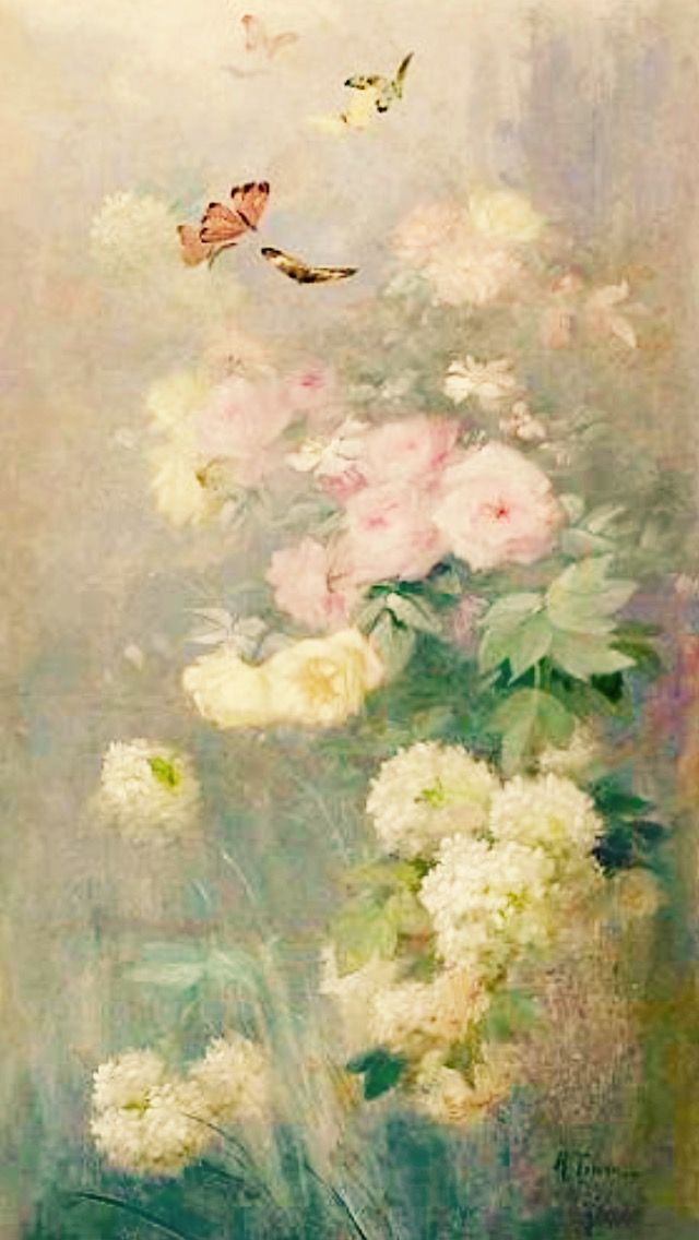 a painting of flowers and birds flying in the sky above it, with pastel colors